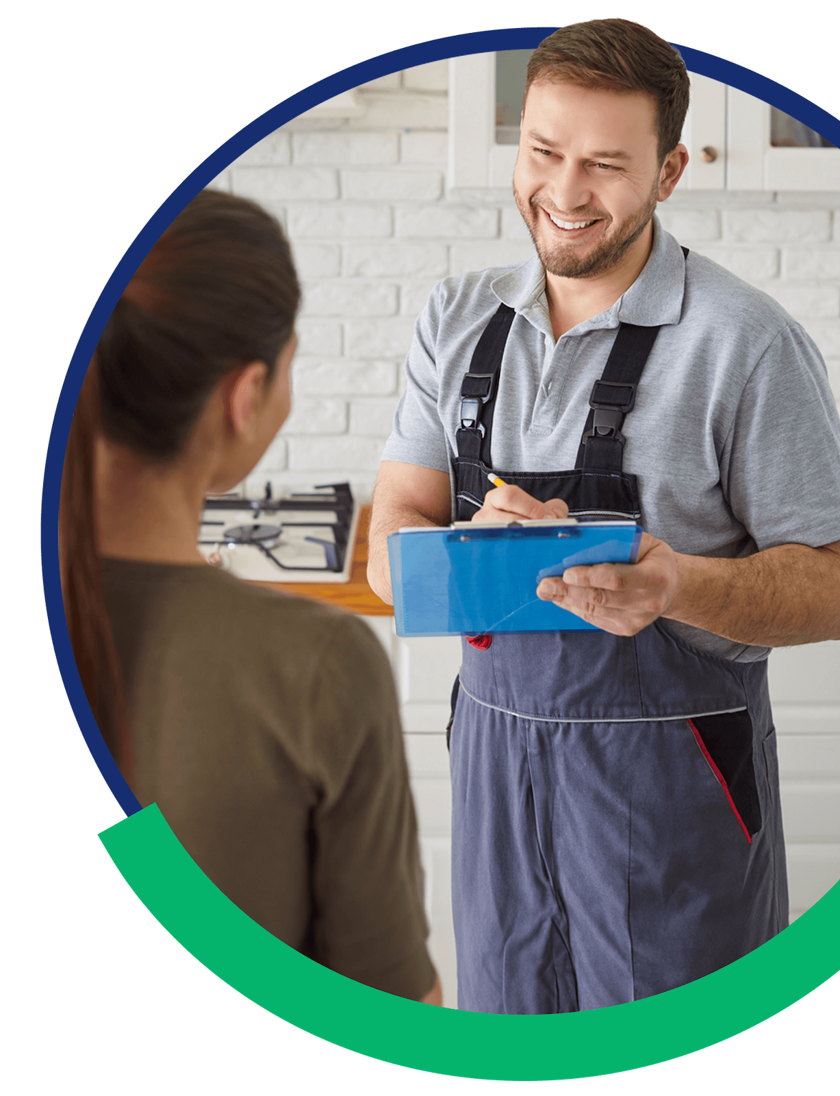 Hero Circle (1) (1) A smiling repairman in overalls holds a blue clipboard and talks with a woman in a kitchen setting. The woman is seen from behind, and the scene is framed by green and blue arcs.